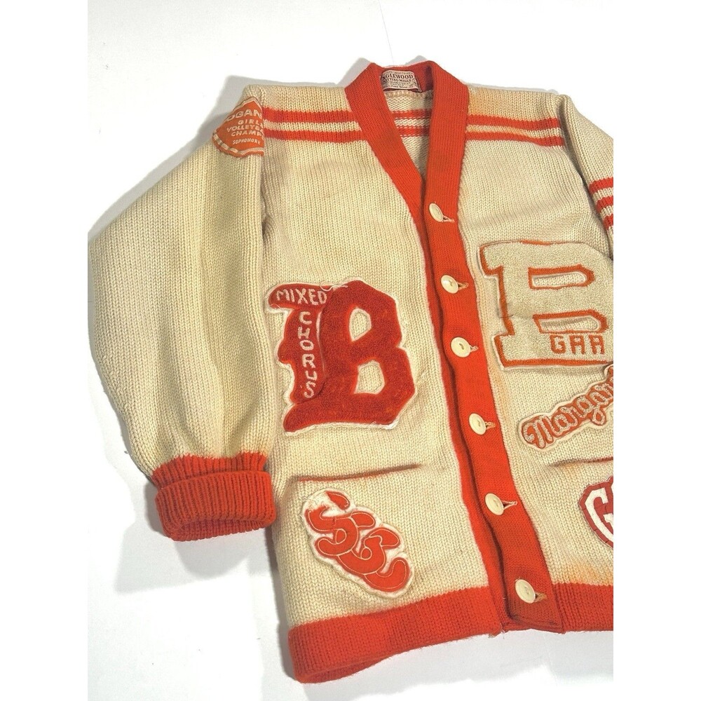 Vintage 1950s Chicago Letterman Cardigan Sweater Women Cream Orange Wool Patches - Picture 2 of 14